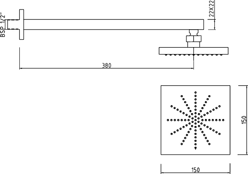 Minimalist Square Fixed Shower Head And Arm 150mm x 150mm. technical image