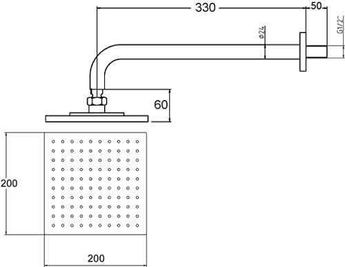 Ultra thin square fixed shower head and arm. 200mm. technical image