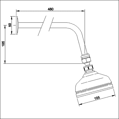 Traditional fixed shower head and arm in chrome technical image