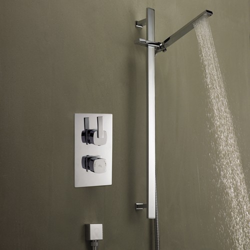 Twin Thermostatic Shower Valve, Slide Rail & Handset. technical image
