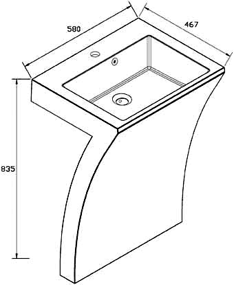 7 Basin, One Piece Basin & Pedestal. 580x467x835mm. technical image