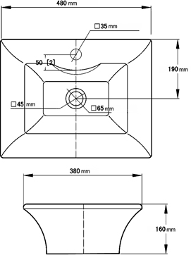 Freestanding Rectangular Vanity Basin 480x380mm (1 tap hole). technical image