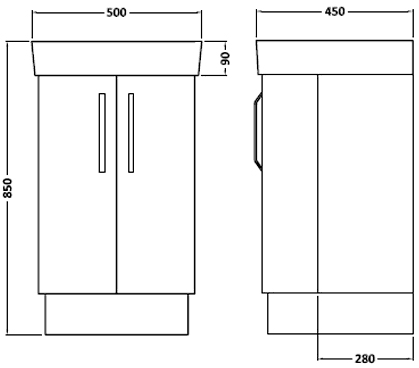 Vanity Unit With Ceramic Basin (Black). 500x850x450mm. technical image