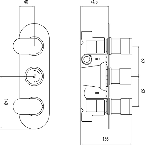 Triple Concealed Thermostatic Shower Valve. technical image