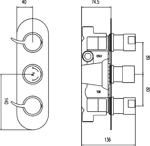 Triple Concealed Thermostatic Shower Valve (Chrome). technical image