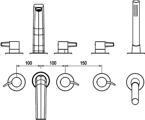 Basin & 5 Tap Hole Bath Shower Mixer Tap With Shower Kit. technical image
