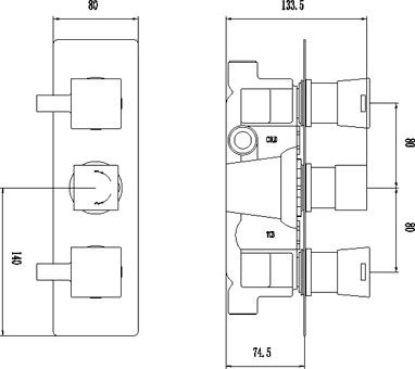 Triple Concealed Thermostatic Shower Valve. technical image