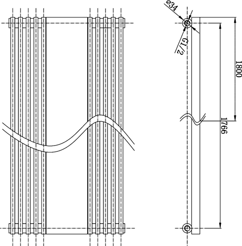 Silver Keida radiator with mirror. 1800 x 420mm. 3591 BTU. technical image