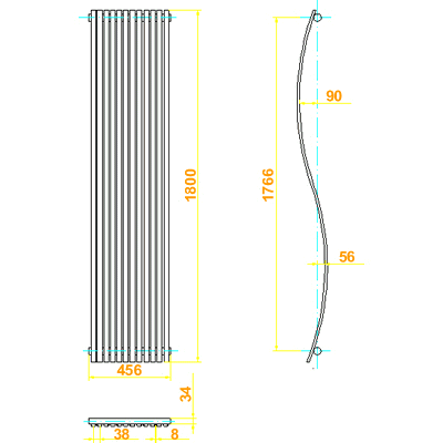 Silver Pajero wave radiator. Size 1800 x 460mm. 4296 BTU. technical image