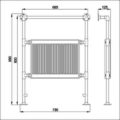Duchess heated towel rail (chrome). 640x920mm. 2064 BTU technical image