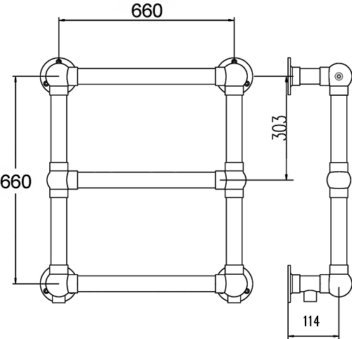 Empress heated towel rail (chrome). 660x660mm. 850 BTU. technical image