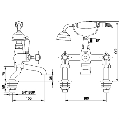 3/4" Cranked Bath Shower Mixer (Gold, Special Order) technical image