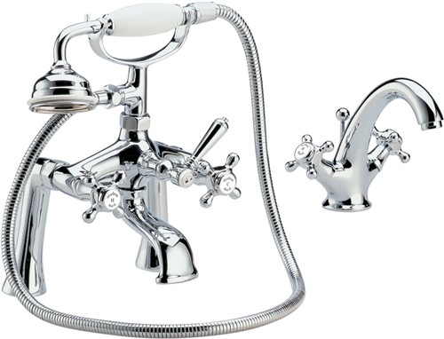 Basin & Bath Shower Mixer Tap Set With Cross Heads. technical image