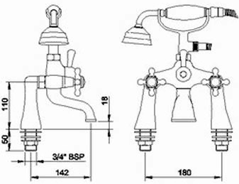 Basin & Bath Shower Mixer Tap Set With Cross Heads. technical image