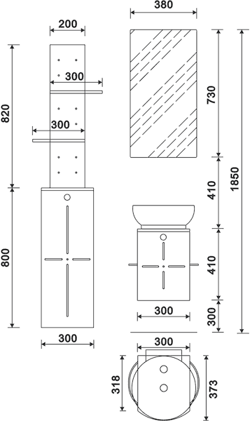 Wall Hung Bathroom Furniture Pack (Black & White). technical image