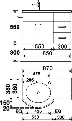Wall Vanity Unit With Granite Top. Left Handed, 870x550mm. technical image