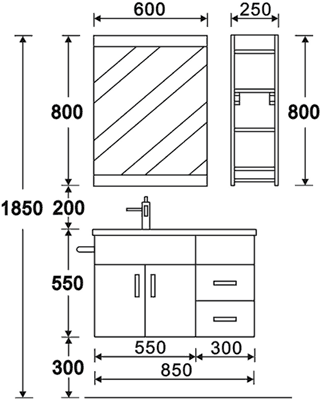 Wall Hung Bathroom Furniture Pack (Left Handed, Granite). technical image