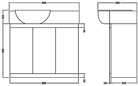 Vanity Unit With Ceramic Basin (White). 900x695x500mm. technical image