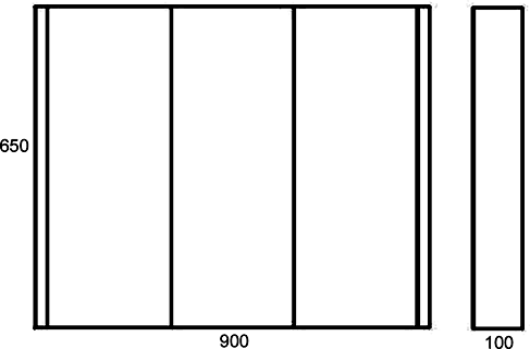 Mirror Bathroom Cabinet, 3 Doors (White). 900x650x100mm. technical image