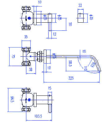 3 Tap Hole Wall Mounted Bath Mixer Tap. technical image