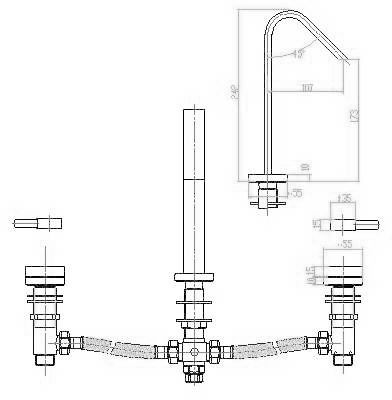 3 Tap hole Bath Mixer with swivel spout. technical image
