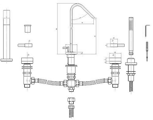 4 Tap hole Bath Mixer with Shower kit and swivel spout. technical image
