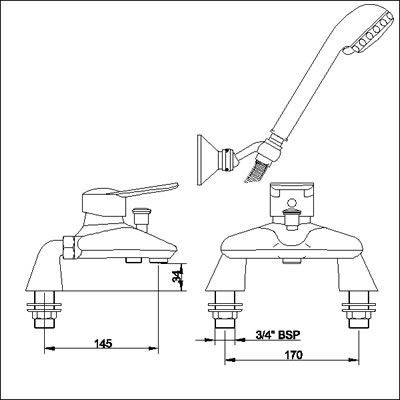 Single lever deck mounted bath shower mixer. technical image