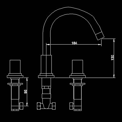 3 tap hole basin mixer with swivel spout + pop up waste technical image