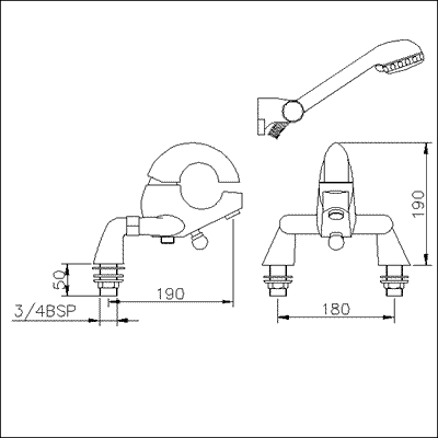 Single lever deck mounted bath shower mixer technical image