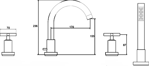 X head 4 Tap hole bath shower mixer with small swivel spout. technical image