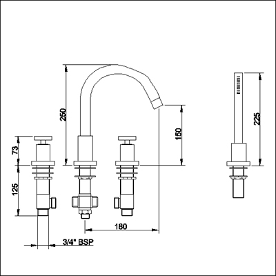 4 Tap hole bath shower mixer with small swivel spout. technical image
