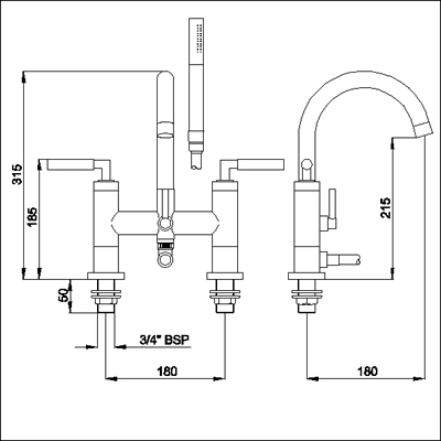 Lever bath shower mixer small swivel spout and shower kit. technical image