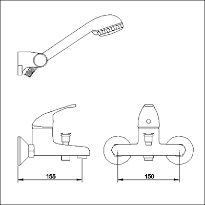 Wall mounted bath shower mixer with shower handset and hose. technical image
