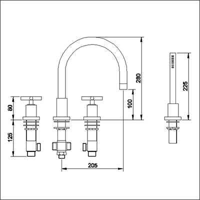 4 Tap hole bath shower mixer with swivel spout. technical image