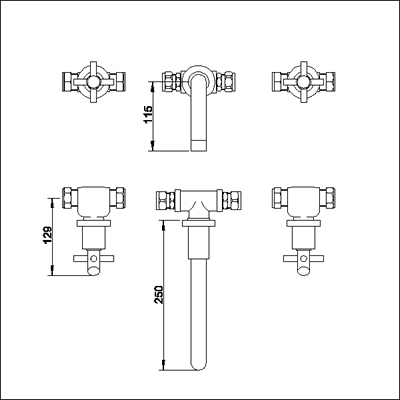 3 Tap hole wall mounted bath filler. technical image