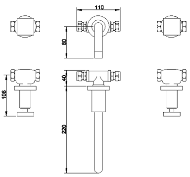 3 Tap hole wall mounted basin mixer. technical image