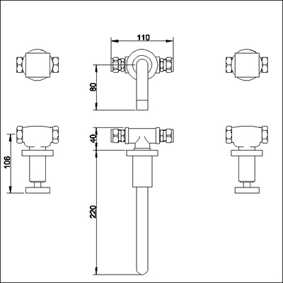 3 Tap hole wall mounted basin mixer. technical image