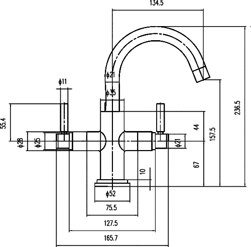 Basin Tap With Small Spout, Waste & Lever Handles. technical image