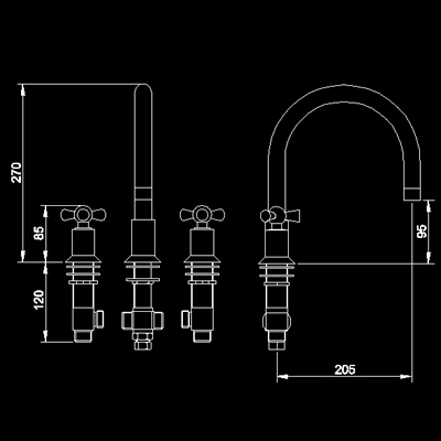 3 Tap hole bath mixer with swivel spout technical image