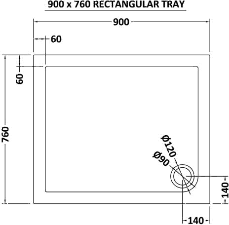 Low Profile Rectangular Shower Tray. 900x760x40mm. technical image