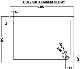 Low Profile Rectangular Shower Tray. 1100x800x40mm. technical image