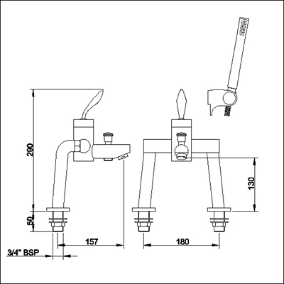 Single lever deck mounted bath shower mixer. technical image