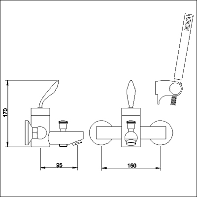 Single lever wall mounted bath shower mixer. technical image