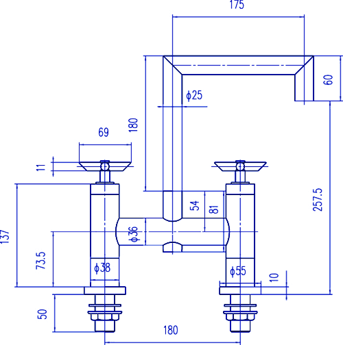 Cross Head Deck Mounted Bath Filler. technical image