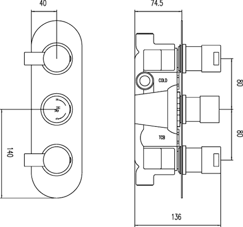 Triple Concealed Thermostatic Shower Valve (Chrome). technical image