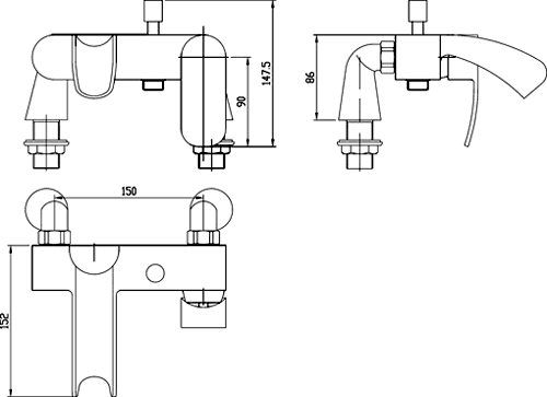 Waterfall Bath Shower Mixer Tap With Shower Kit. technical image