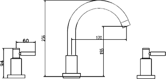 3 Tap Hole Bath Tap With Small Spout & Lever Handles. technical image