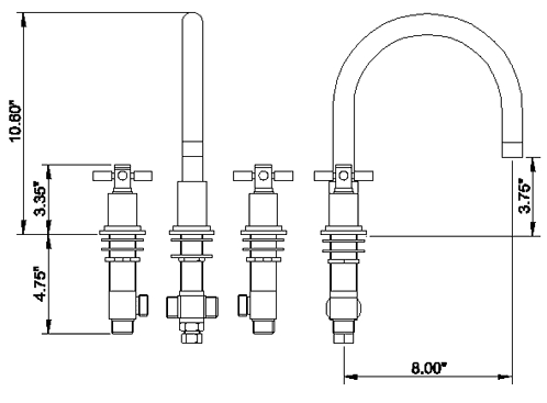 3 Tap Hole Bath Tap With Large Spout & Cross Handles. technical image