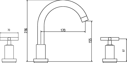 3 Tap Hole Bath Tap With Small Spout & Cross Handles. technical image