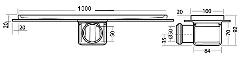 Rectangular Wetroom Shower Channel With Side Outlet. 1000mm. technical image